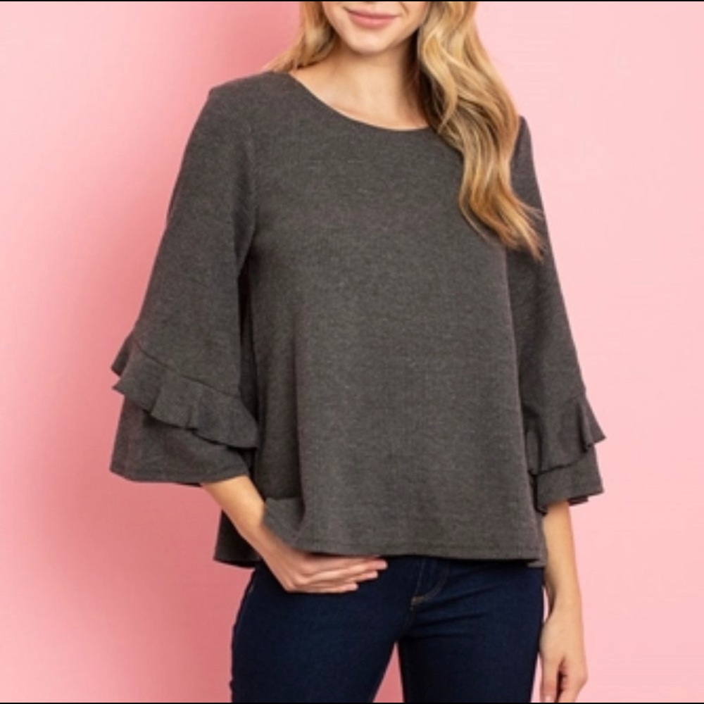 Layered Ruffled Sleeved Waffled Ribbed Top - Picture 3 of 4